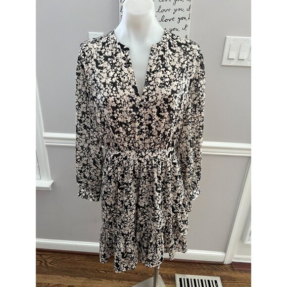 NWT Pablo Paris Ruffled Floral Black White Long Sleeve Mini Dress Size 38 - Picture 1 of 7